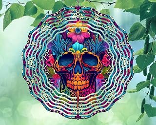 10 Inch Sugar Skull Flowers Wind Spinner Yard Decor Aluminum Sublimated Garden Art Indoor Outdoor 3D Kinetic
