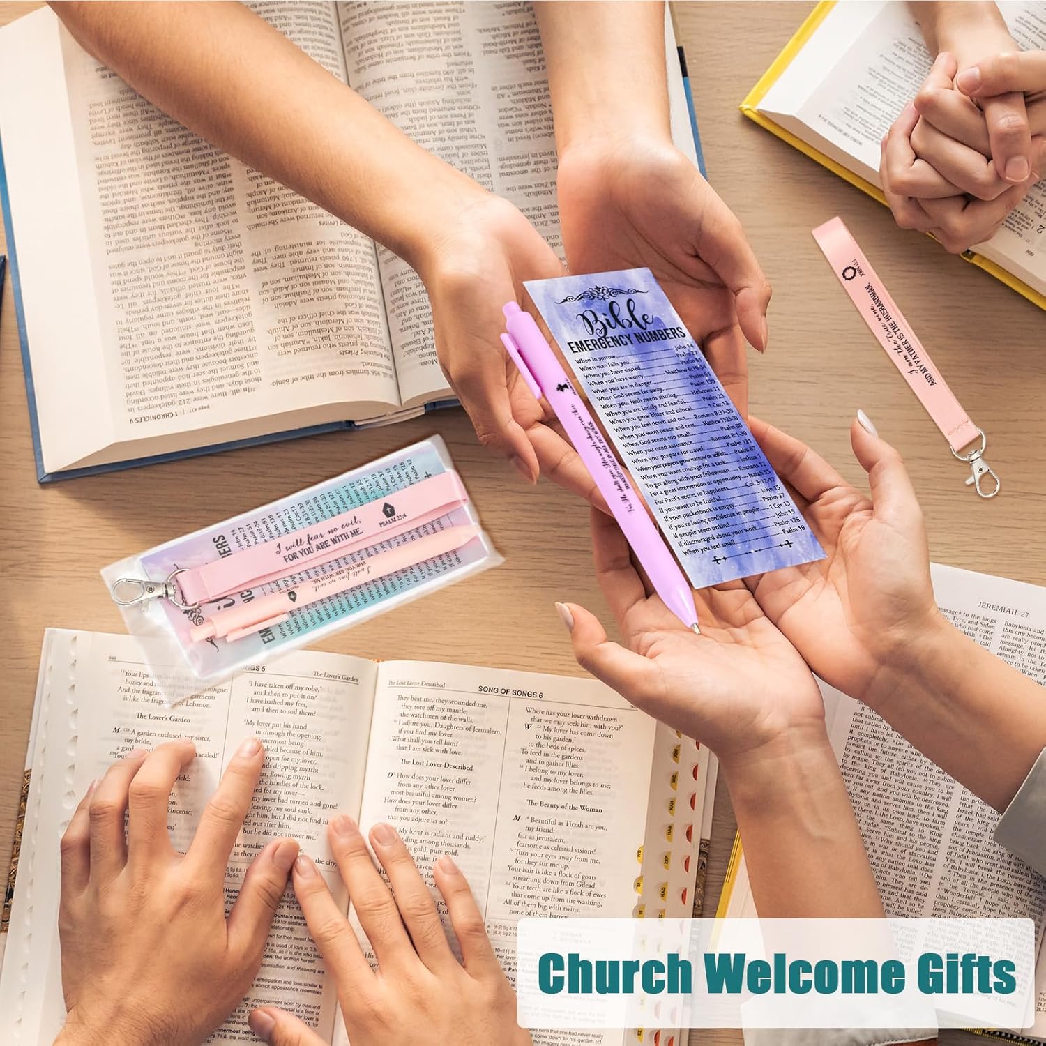 25 Set Christian Gift Bulk Bible Emergency Numbers Bookmark with Silicone Keychains Bible Verse Pen Religious Study Supplies for Mother Day Church Easter Basket Stuffers (Watercolor) - Image 7