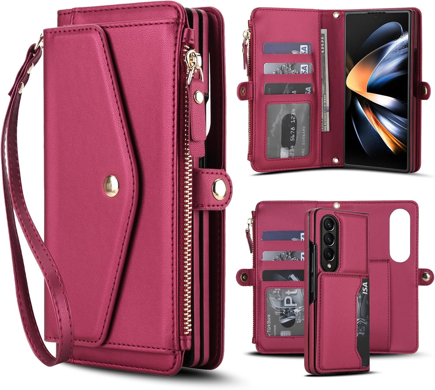 Asuwish Phone Case for Samsung Galaxy Z Fold 3 5G 2021 Wallet Cover Compatible with Magsafe RFID Crossbody Lanyard Strap Flip Card Holder Slot Zipper Cell Purse ZFold3 Z3 Fold3 ZFold 3Z Red
