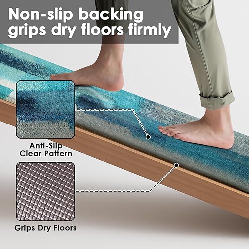 Miniatura 3 de Arttown Juego de 2 tapetes de cocina antifatiga verde azulado con diseño abstracto de color gris, tapete antideslizante impermeable y tapete