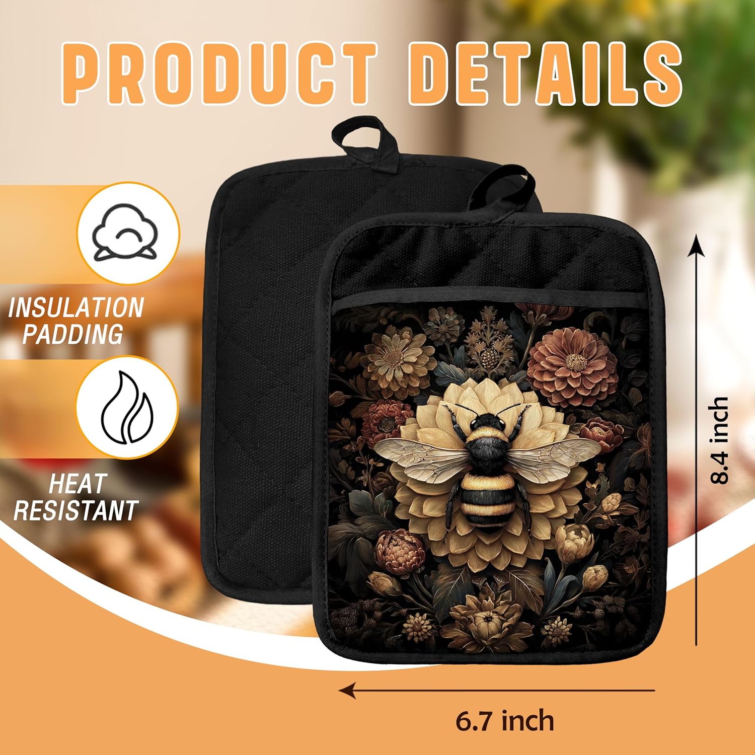 Dark Vintage Floral Bee Pot Holders with Pockets, Bee Kitchen Decor, Dark Cottagecore Gothic Bumblebee Oven Pot Holders Heat Resistant Oven Mitts Hot Pads for Kitchen Baking Cooking - Image 2