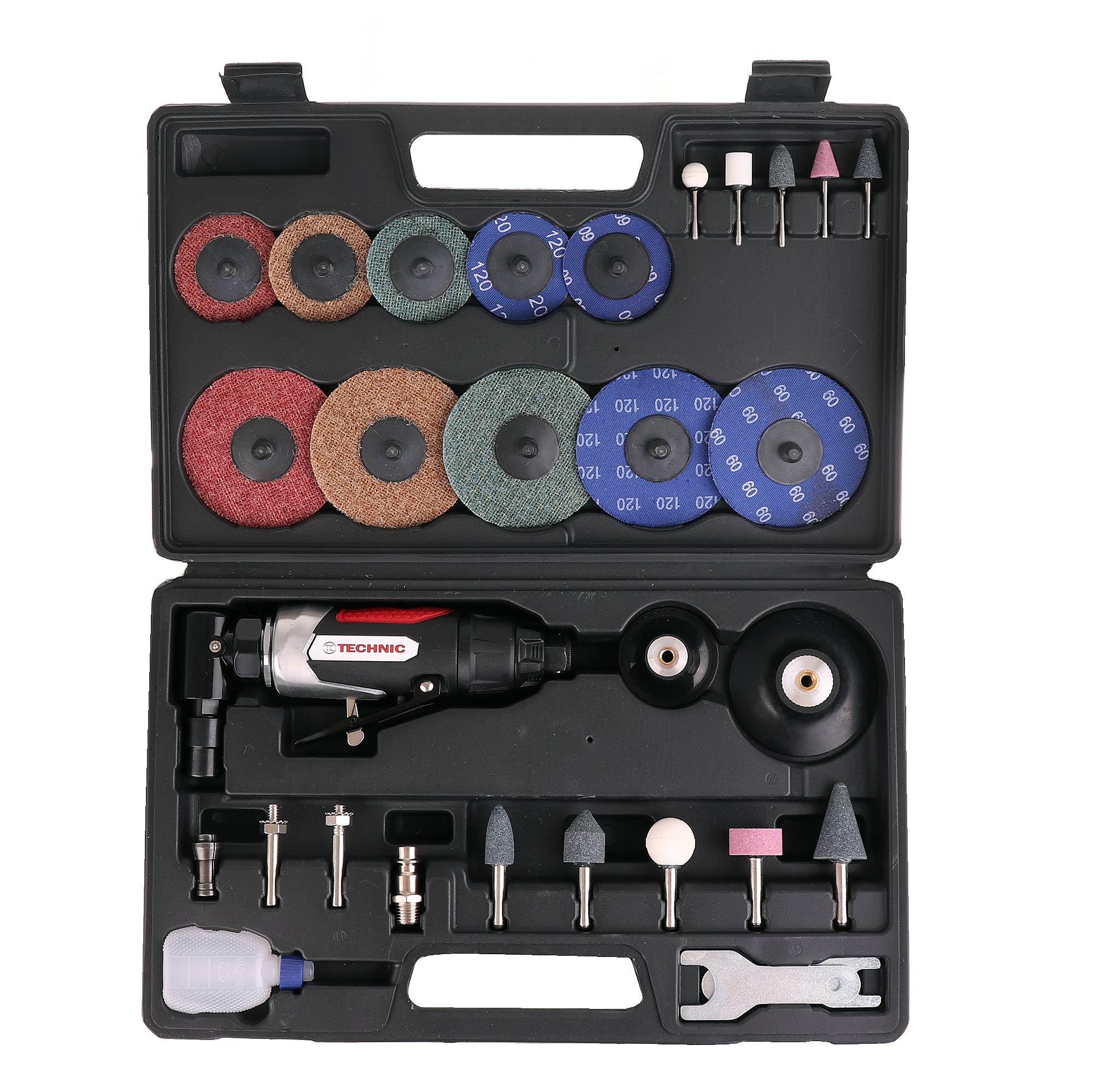 TC TECHNIC - Druckluft Stabschleifer, Luftschleifer Geradschleifer Set mit Accessoires - Satz Schleifsteine in vielen Formen - 6mm und 3mm, Druckluft Schleifgerät - 20.000 Umdrehungen pro Minute