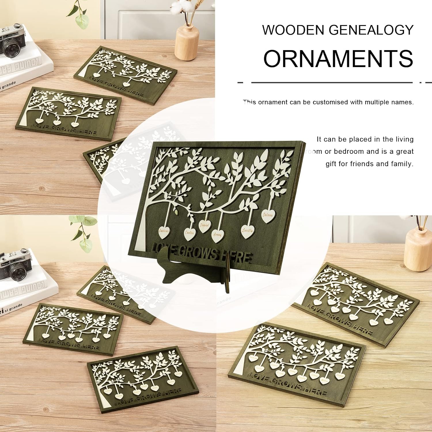 Jeweidea Personalized Family Name Sign with 2-9 Names, Custom Tree of Life Engraved Plaque Ornament with Stand Gift for Mom Grandma (6 Names)