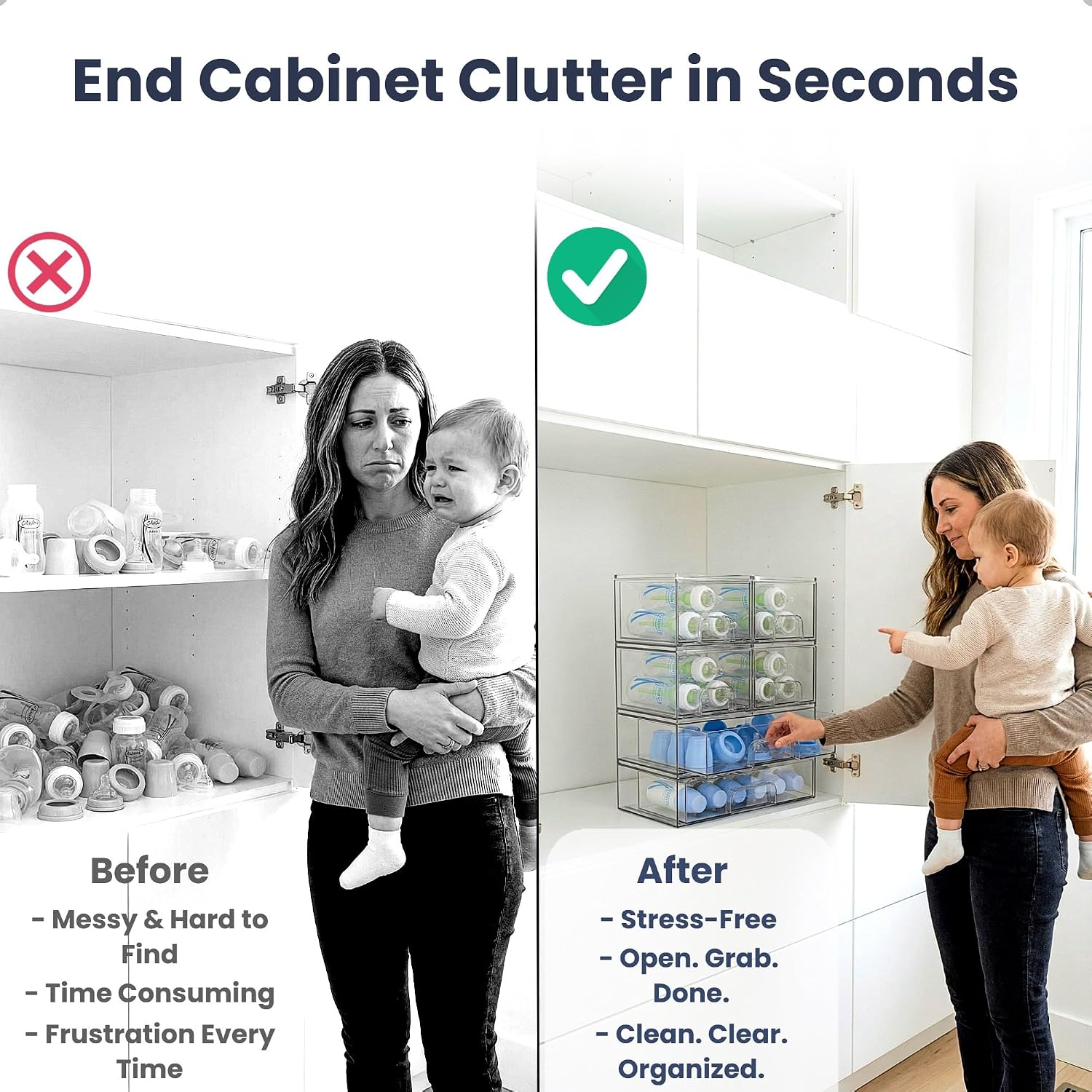 Clear Baby Bottle Organizer For Cabinet, Storage Bins with Pull-Out Drawers, 6-Pack Organizer Set with Labels, Premium PET Plastic Storage Organizer for Pantry, Bathroom, Vanity, Countertop