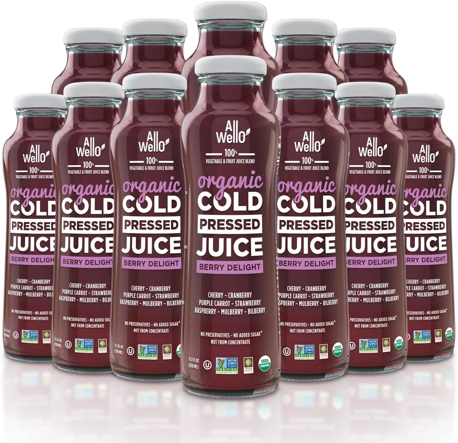 AllWellO Organic Cold Pressed Juice Drinks with Real Fruits and Vegetables Gluten Free Non-GMO Healthy Juices No Preservatives No Sugar Added (Berry Delight, 12 Pack)