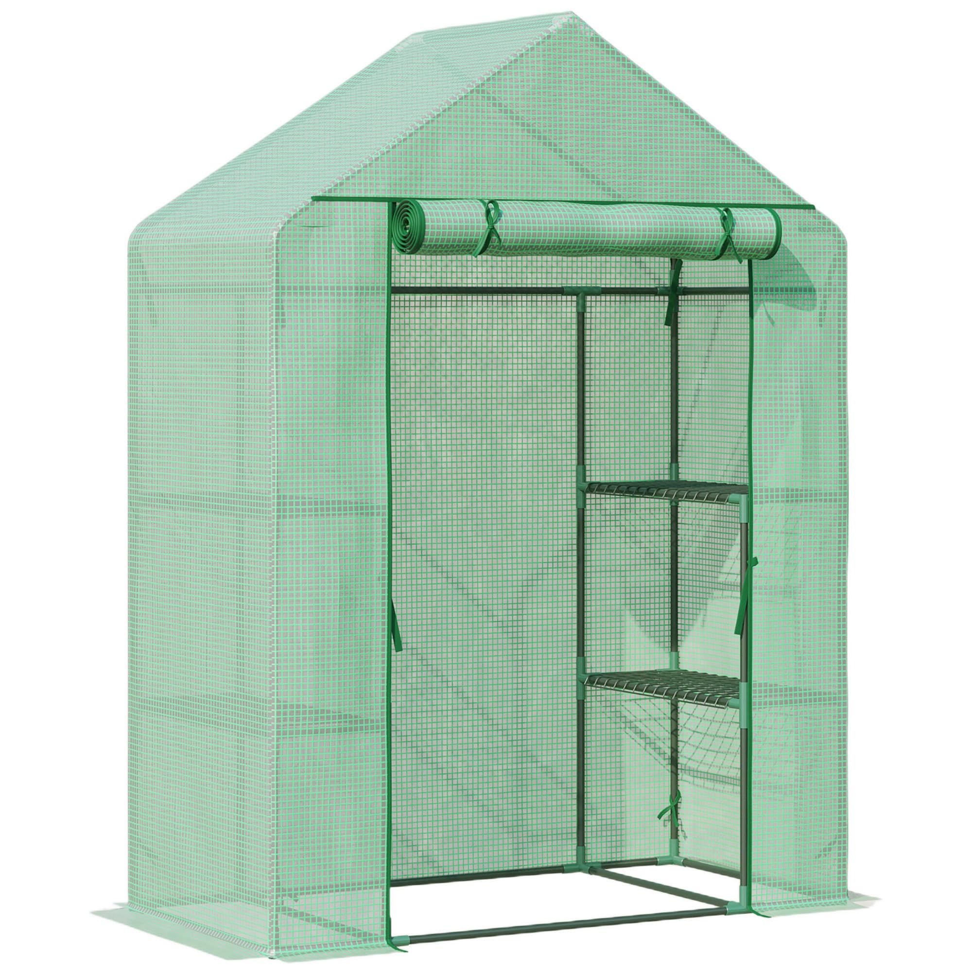 Outsunny Invernadero de Jardín con 4 Estantes 141x72x191 cm Verde | Puerta Enrollable, Cubierta de PE 140g/M², Marco de Acero, para Cultivos Plantas Macetas Flores