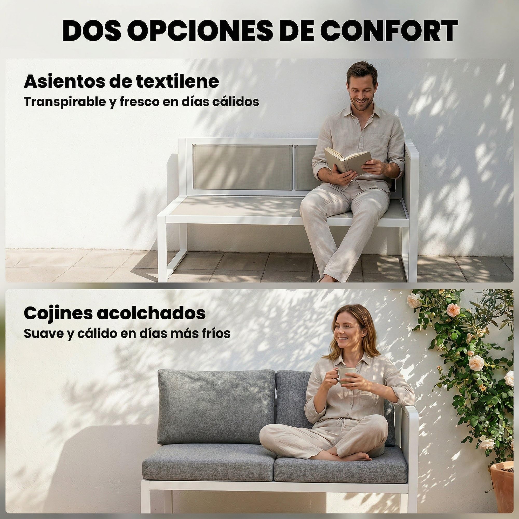 Outsunny Conjunto de Muebles Jardín Exterior de 4 Piezas Sofá Exterior Seccional Forma de L con 3 Sofás de 2 Plazas Asiento de Textilene Mesa con Tablero Efecto Madera WPC Cojines Gris Claro y Blanco
