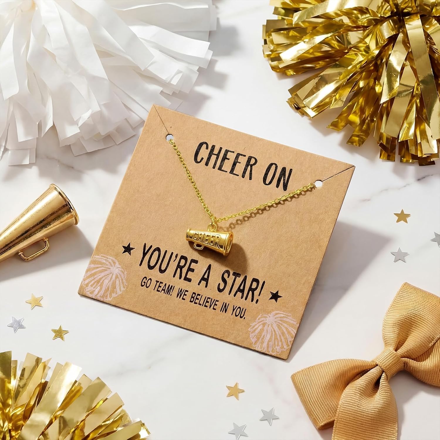 Kingdder 12 Sets Cheerleader Necklaces Gifts Bulk for Women Gold Cheer Megaphone Jewelry with Cards Novelty Cheerleader Gifts Sports Game Accessories for Team Teens