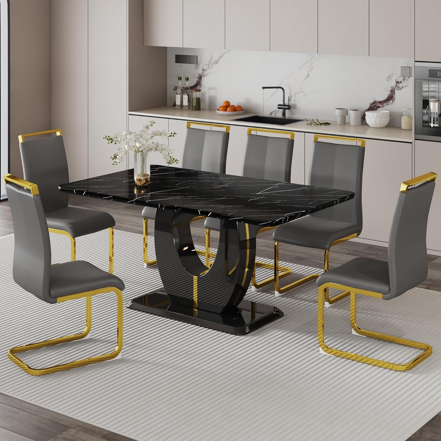 Amazon.com - Dining Table Set for 6, 63" Black Dining Table Set, Faux Marble Dining Table Set ...