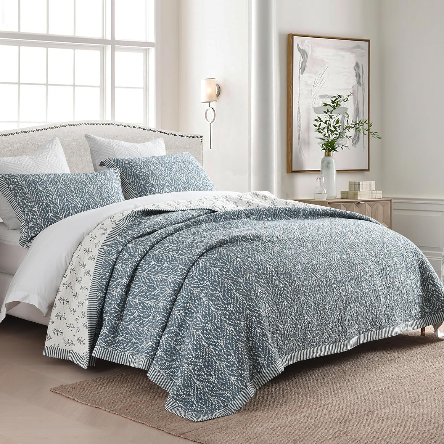 Quilts Queen Size - 100% Cotton Quilt Set with Matching Shams, Botanical Floral Design Farmhouse Bedspread, 3 Pieces Lightweight Coverlet Set with Solid Reverse, Grayish Blue, 90"x98"