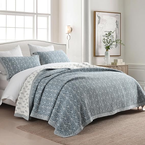 Quilts Queen Size - 100% Cotton Quilt Set with Matching Shams, Botanical Floral Design Farmhouse Bedspread, 3 Pieces Lightweight Coverlet Set with Solid Reverse, Grayish Blue, 90x98