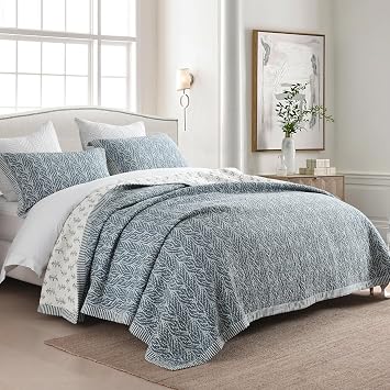 Quilts Queen Size - 100% Cotton Quilt Set with Matching Shams, Botanical Floral Design Farmhouse Bedspread, 3 Pieces Lightweight Coverlet Set with Solid Reverse, Grayish Blue, 90x98