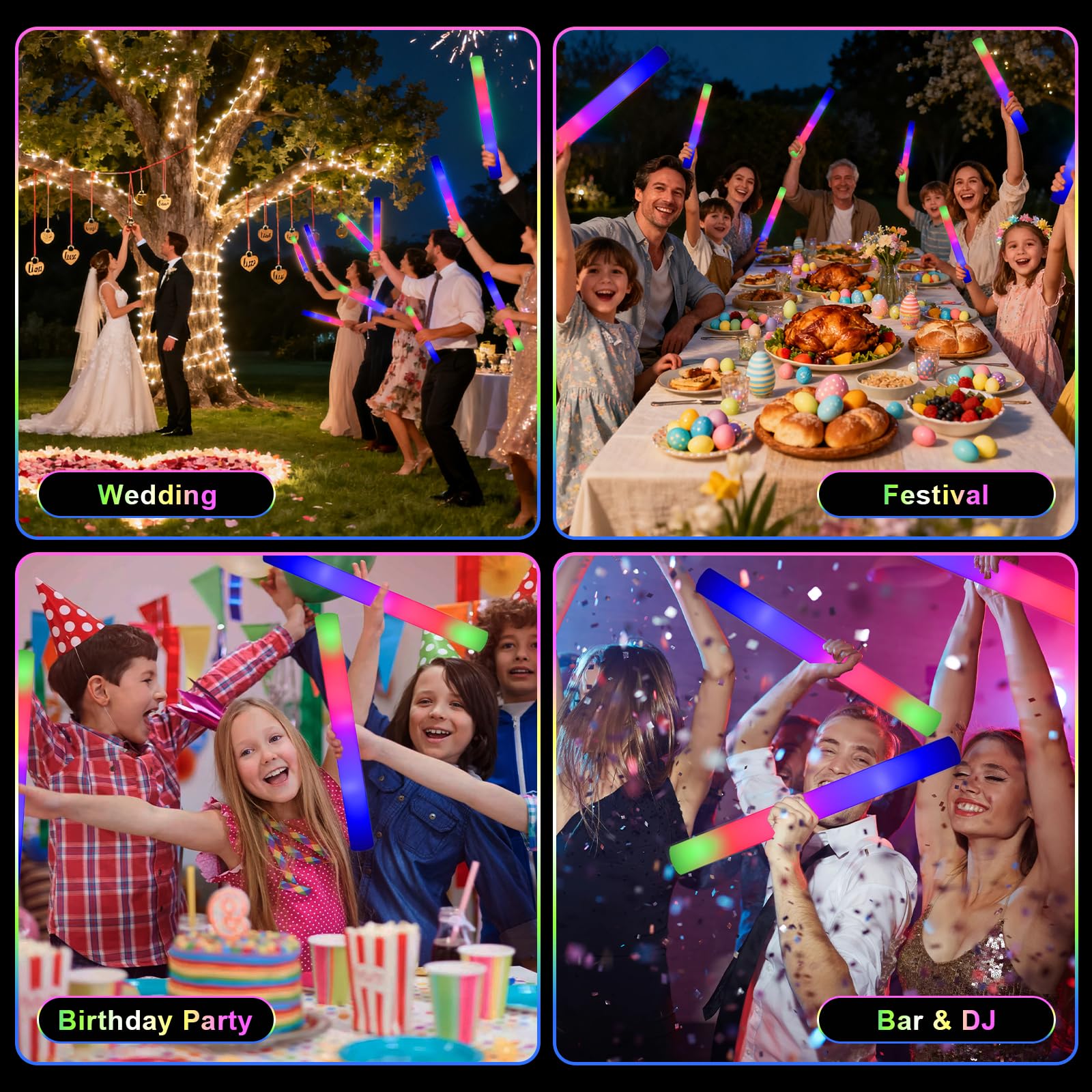 Bâtons fluorescents en mousse, bâtons lumineux à DEL avec 3 modes clignotants, fournitures de fête pour mariages, anniversaires, concerts, fêtes, camping, événements sportifs (108 pièces)