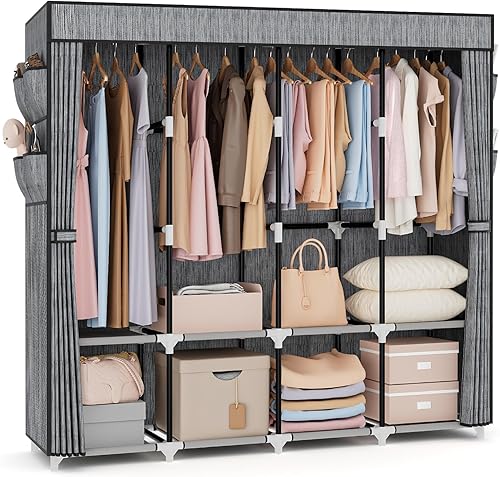 VTRIN Armario Portátil para Colgar Ropa de 67 Pulgadas de Ancho Gran Capacidad Armario Guardarropa Portátil con Cubierta, 4 Estantes de