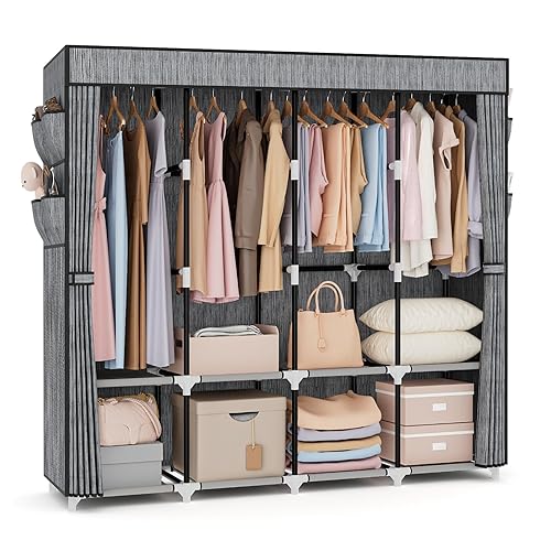 VTRIN Portable Closet for Hanging Clothes 67 Inch Wide Large Capacity Portable Wardrobe Closet with Cover, 4 Storage Shelves and 4 Hanging Rod Sturdy Free Standing Closet for Bedroom, Printing