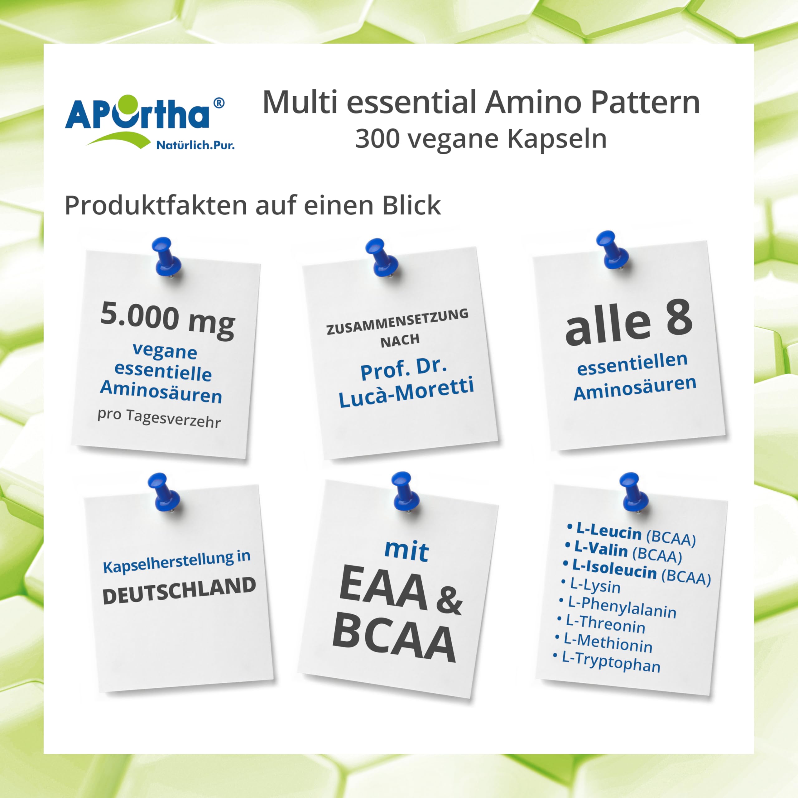 APOrtha® Multi Essential Amino Pattern – 300 Kapseln mit 8 essentiellen Aminosäuren nach Prof. Dr. Lucà-Moretti, ausgewogenes Aminosäuren-Profil, EAA Kapseln, vegan, ohne Zusätze