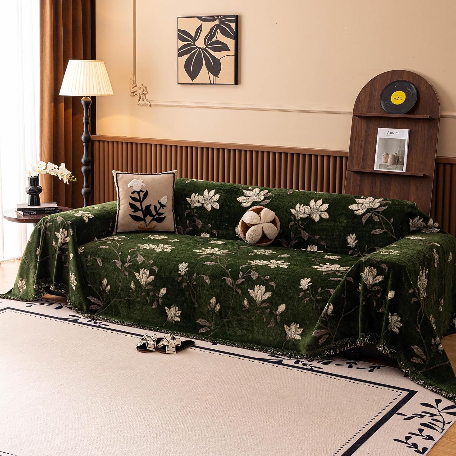 STACYPIK Vintage Garden Floral Couch Cover Chenille Jacquard Green Sofa Cover Textured Botanical Couch Cover for 2 Cushion Couch Dog Non-slip Loveseat Futon Sofa Cover Versatile Throw Blanket-71X118IN