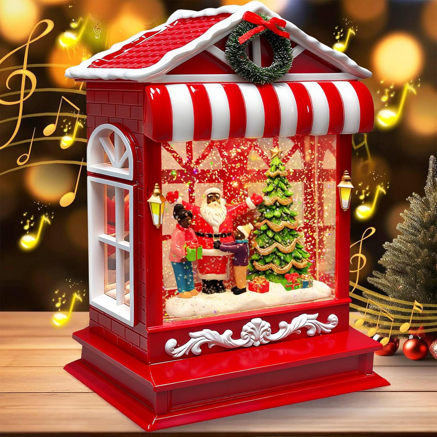 Black Santa Musical Christmas Snow Globes Lighted with Timer 8 Songs Santa with Kids Snowglobe USB/Battery Operated Swirling Glitter Christmas Decorations Home Decor for Kid Adult