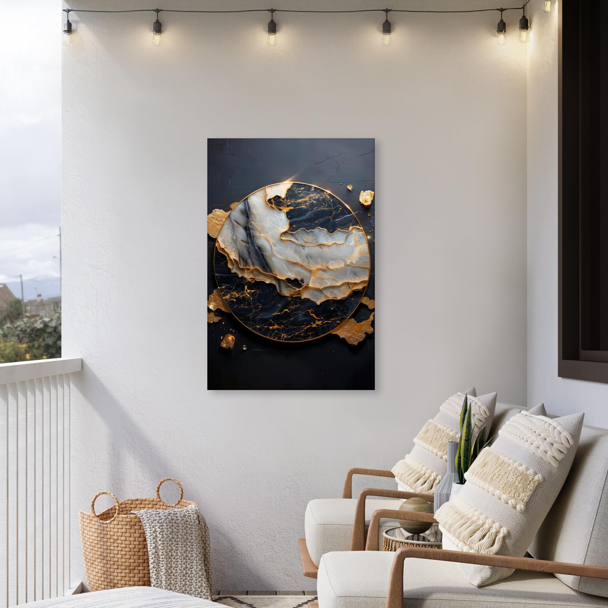 Gartenbilder 80x120 cm Wetterfeste Leinwand Outdoor Bild Terrasse Deko Balkon Wetterfest Gartenposter Foto Geschenk Draußen Kunst - Gold - Schwarz - Modern - Abstrakt