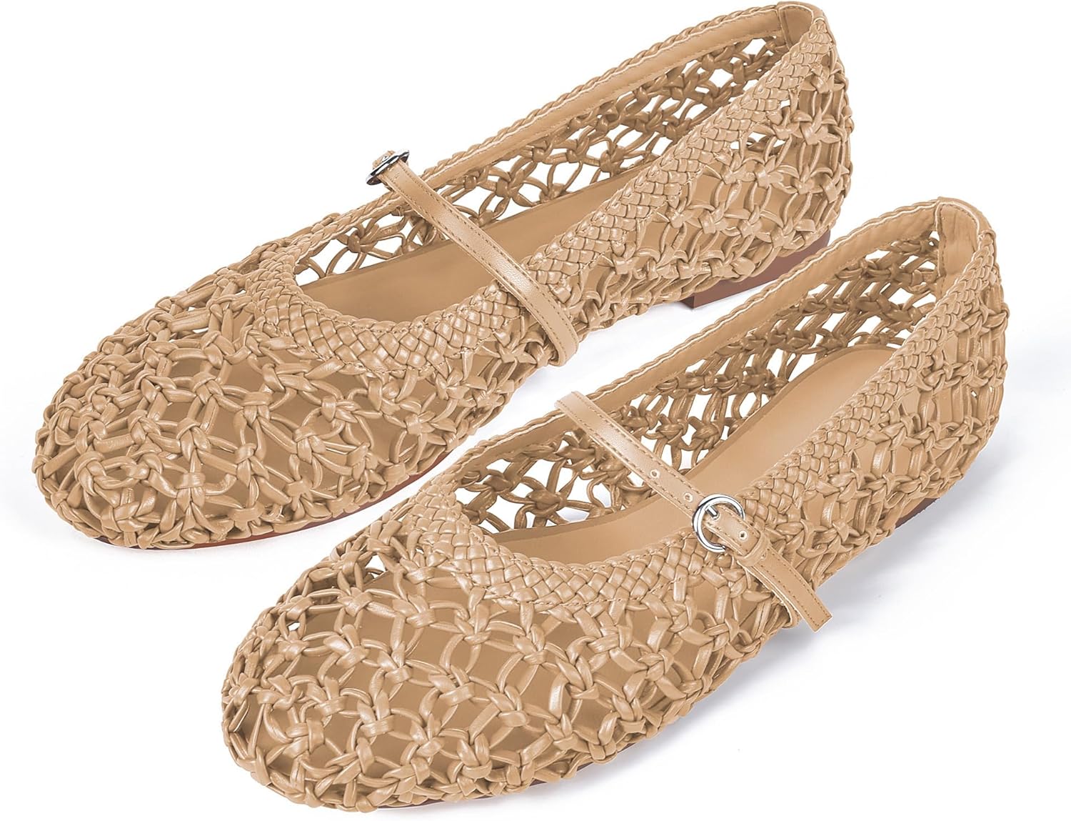 Woven Ballet Flats for Women Mesh Round Toe Mary Jane Flats with Metal Buckle Strap Rattan Ballerina Flat Shoes