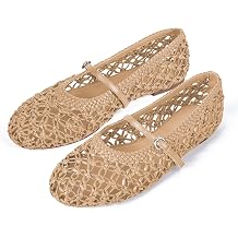 Woven Ballet Flats for Women Mesh Round Toe Mary Jane Flats with Metal Buckle Strap Rattan Ballerina Flat Shoes
