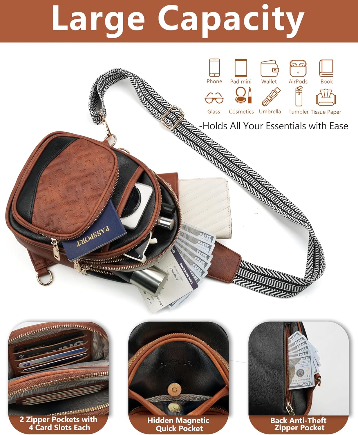 Anti Theft Crossbody Bags for Women, RFID Vegan Leather Sling Purse for Travel, Chest Bag, Cross Body Purses & Fanny Packs(Brown＆Black) | Multi-Pocket, 8 RFID Card Slots, Structured bag, Quilted Design