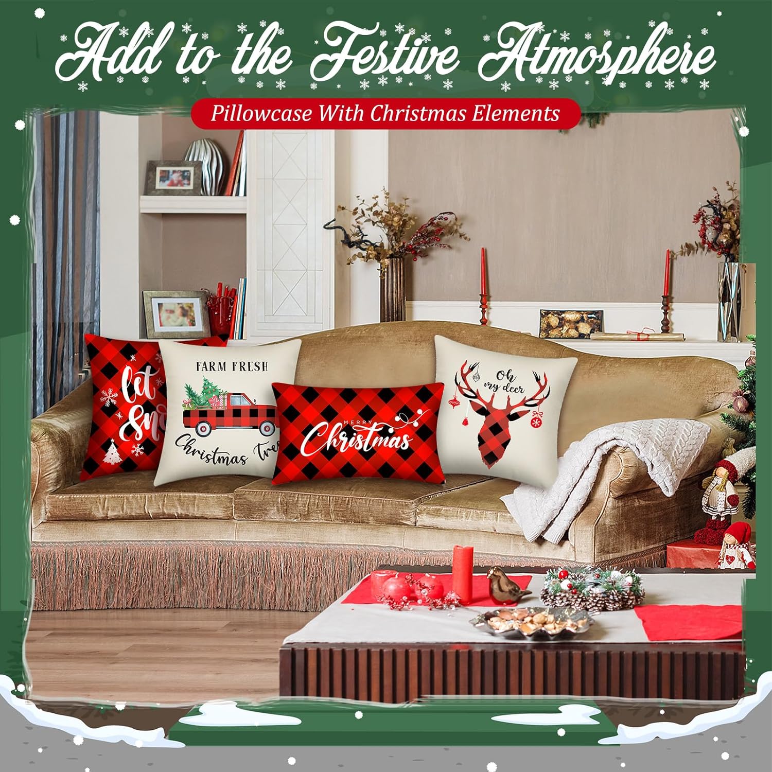 Newwiee 10 Piece Throw Pillows Covers Decorations Snowman Wreath Santa Claus Tree Red Buffalo Plaid Merry Christmas Pillow Covers for Couch Sofa(Plaid)