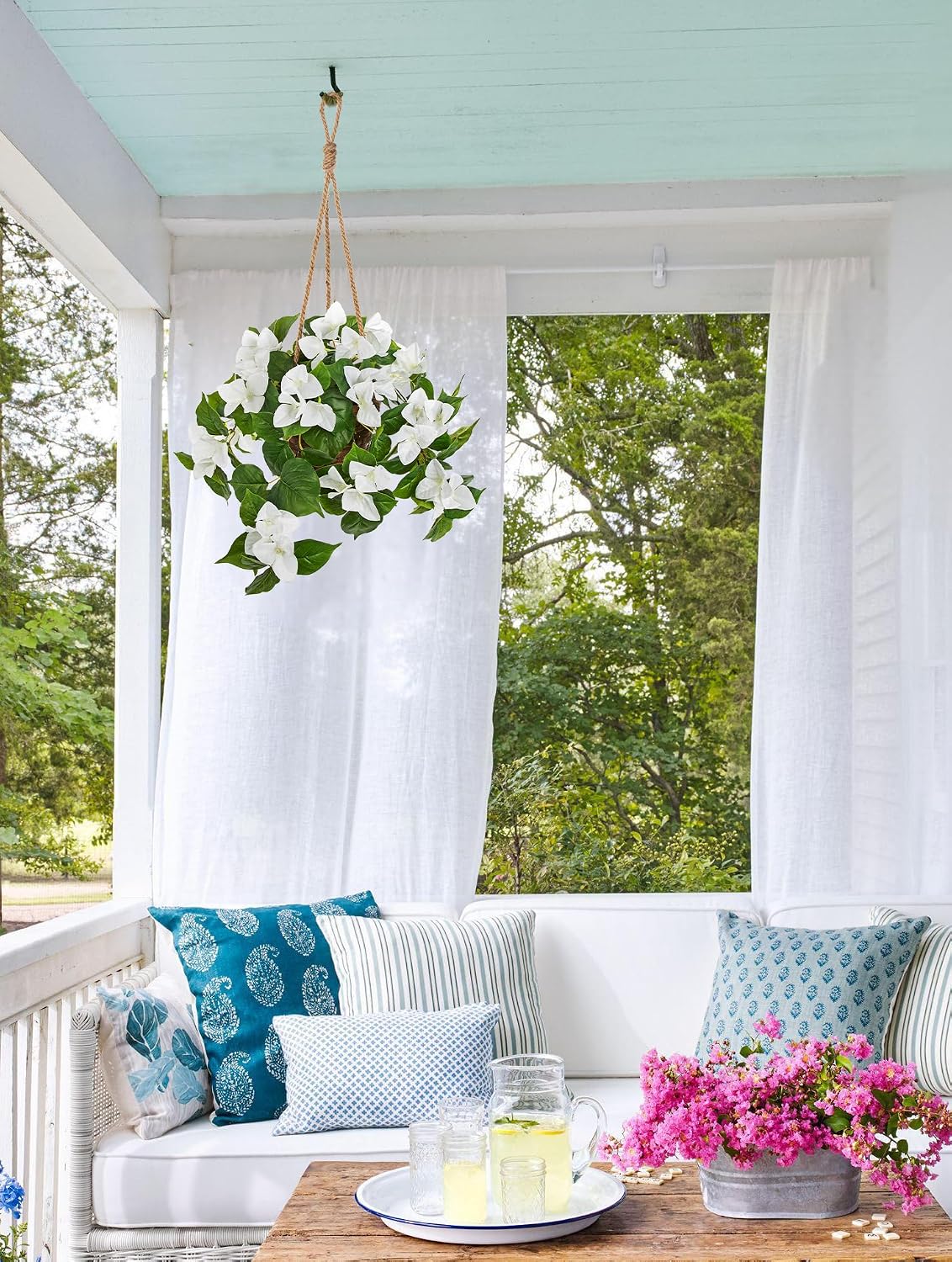 Briful Fake Hanging Basket Flowers, 27.5in Faux White Bougainvillea Flowers in Woven Rattan Planter with Cascading Vines for Home Garden Balcony Outdoor Porch Decor
