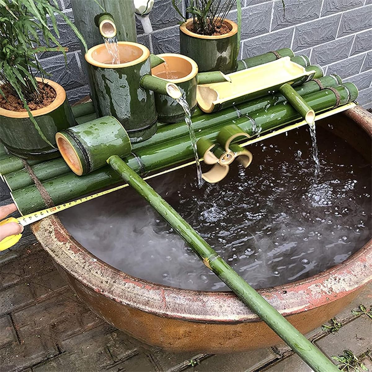 Kit fontana solare in bambù con beccuccio, fontana giapponese da giardino con pompa, filtro dell'acqua da 10 W e tubo da 2 m, per patio o uso interno/esterno