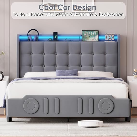 Keyluv Full Car Bed Frame with LED Lights and Charging Station, Upholstered Platform Bed with Button Tufted Headboard and Wheels, No Box Spring Needed, Noise-Free, Easy Assembly, Velvet Grey