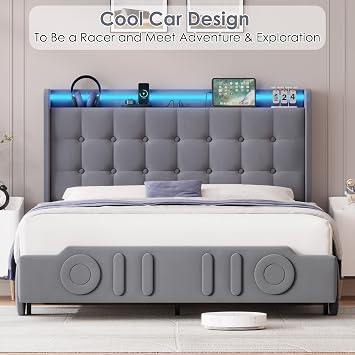 Keyluv Full Car Bed Frame with LED Lights and Charging Station, Upholstered Platform Bed with Button Tufted Headboard and Wheels, No Box Spring Needed, Noise-Free, Easy Assembly, Velvet Grey