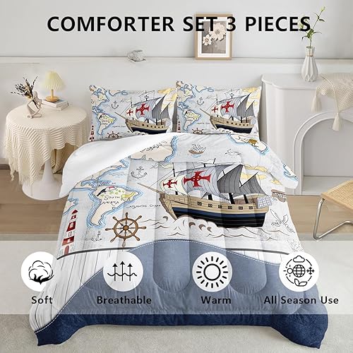 Miniatura 3 de Axolotl Juego de ropa de cama náutica tamaño individual, cama de barco náutico, cama de mapa del mundo oceánico, juego de edredón con temática de