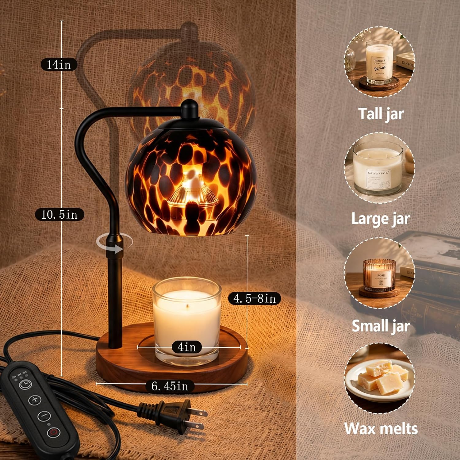Candle Warmer Lamp with Timer, Adjustable Height, Tortoise Shell Decor | Electric Wax Warmer Lamp, Dimmable Candle Melter for Jar Candles, Vintage Home Decor, House Warming Gift, Birthday Gifts