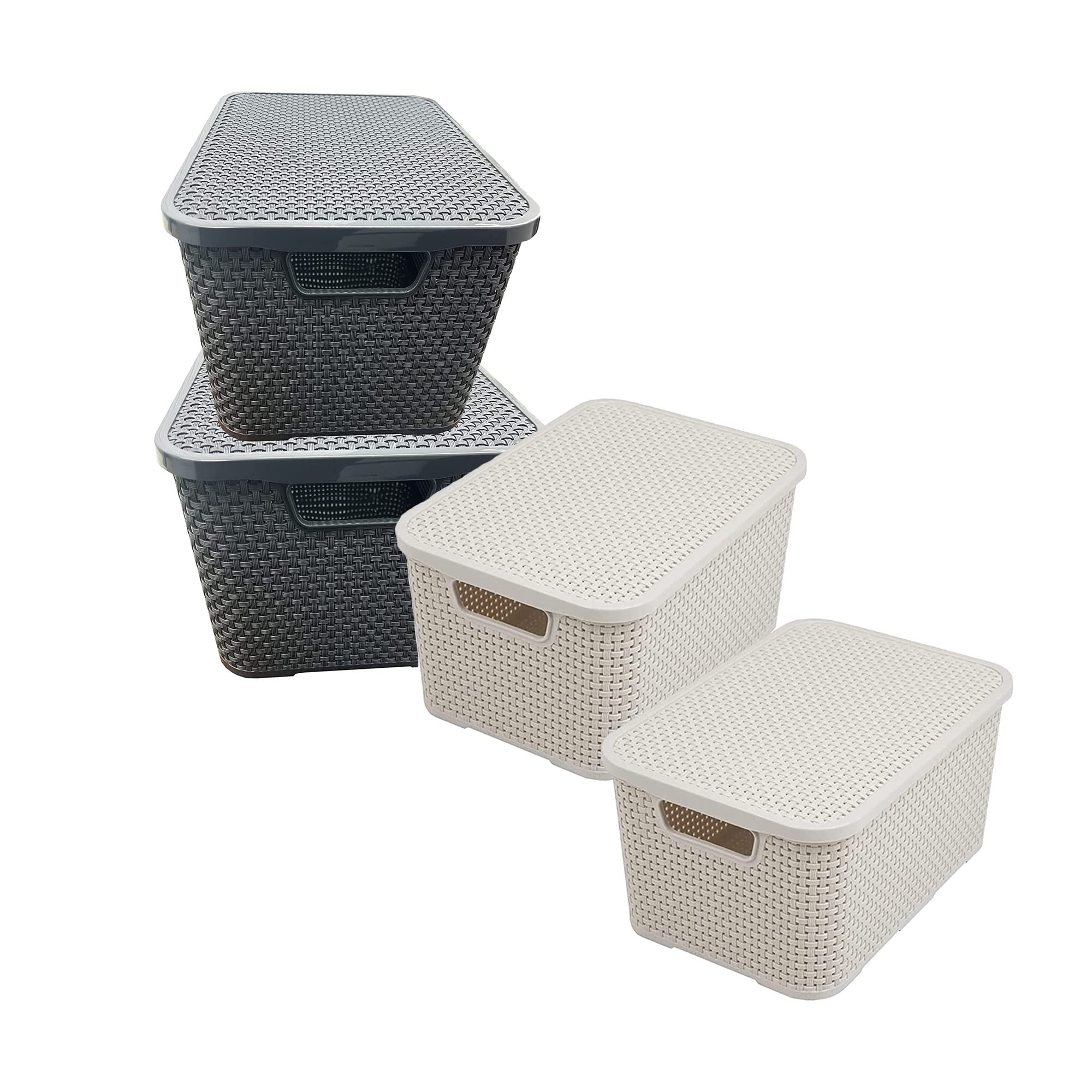 Cream & Grey Rattan Effect Baskets For Home Office Laundry Kitchen Storage Boxes (8 Baskets, Grey)