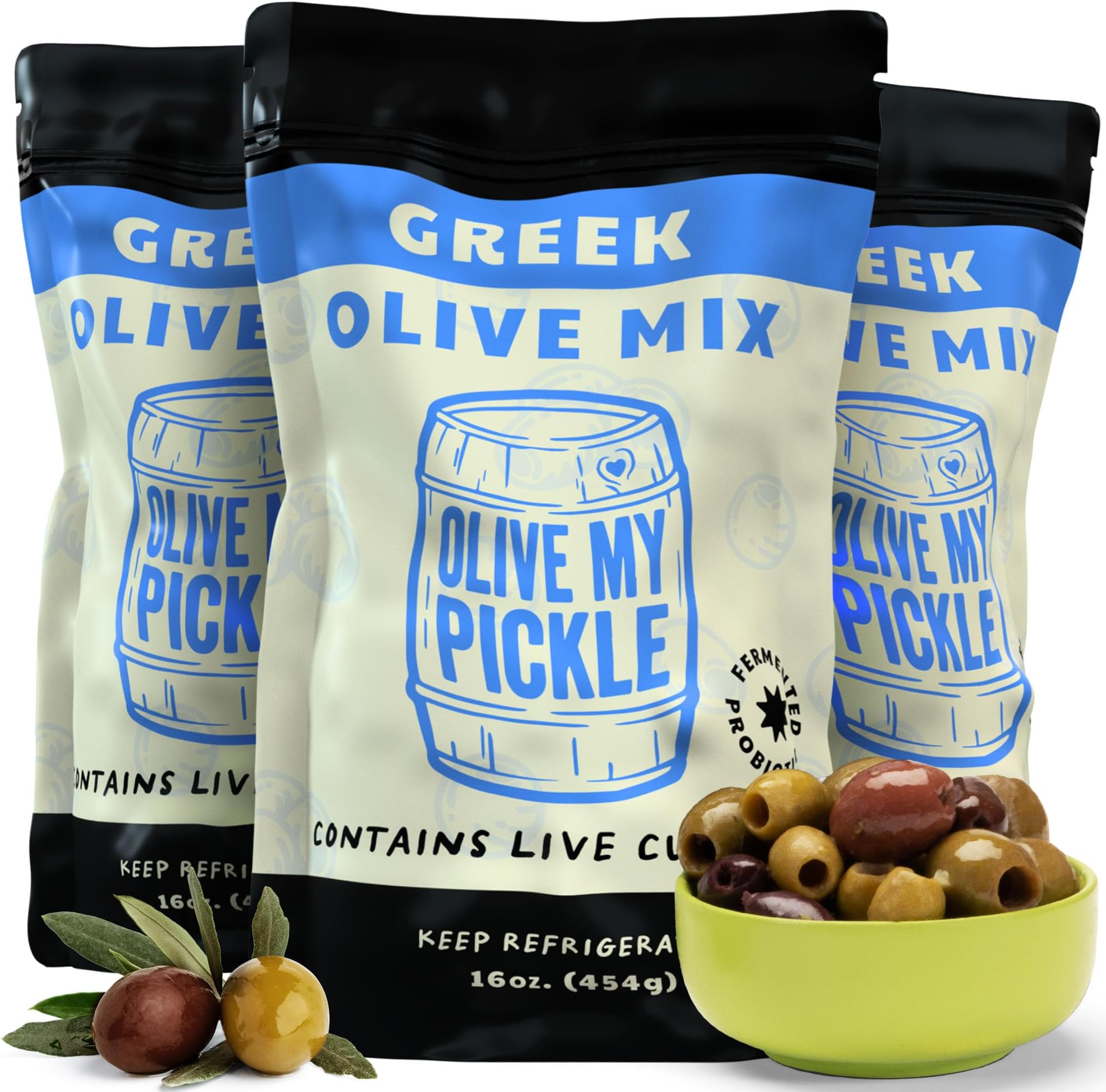 Olive My Pickle Probiotic Greek Olives Mixed - 48 oz | 3 Pack of Live Culture Greek Mixed Olives with Kalamata for Gut Health | Olive Mix Perfect Snack for Paleo, Keto - 16oz per bag