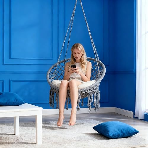 Miniatura 2 de Silla Hamaca Colgante de Macramé con Cojín y Kit de Herrajes, Silla Colgante Bohemia Tejida a Mano para Habitación, Patio, Porche, Balcón, Jardín,
