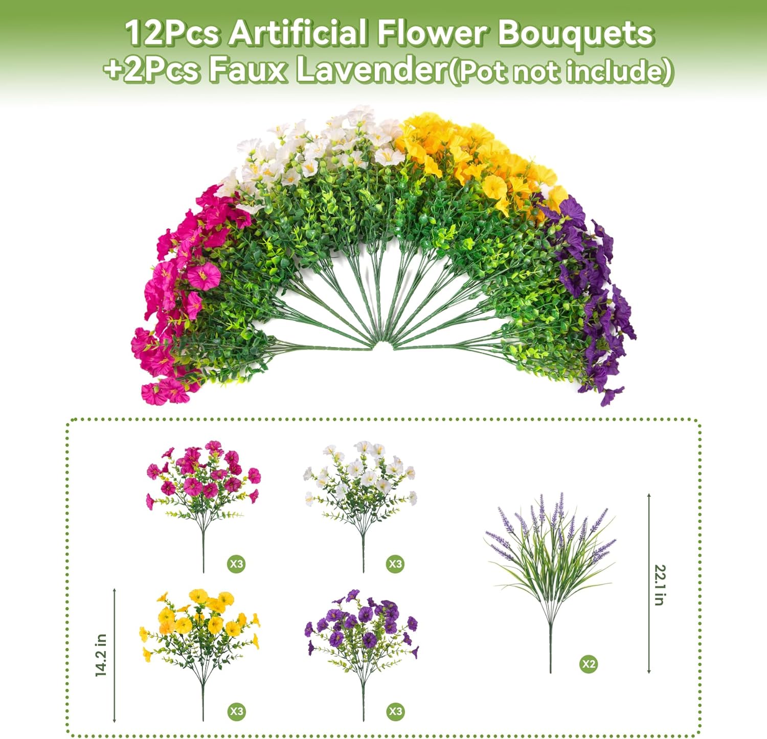 Artificial Flowers Fake Plants for Outdoors Decoration, 12 Bundles Silk Morning Glory with 2PCS Lavender Realistic UV Resistant Faux Spring Flowers for Outside Planter Yard Patio Garden Home Indoor - Image 3