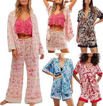 Women Satin Pajama Set Floral Silk Pajamas 2 Piece Lounge Sets
