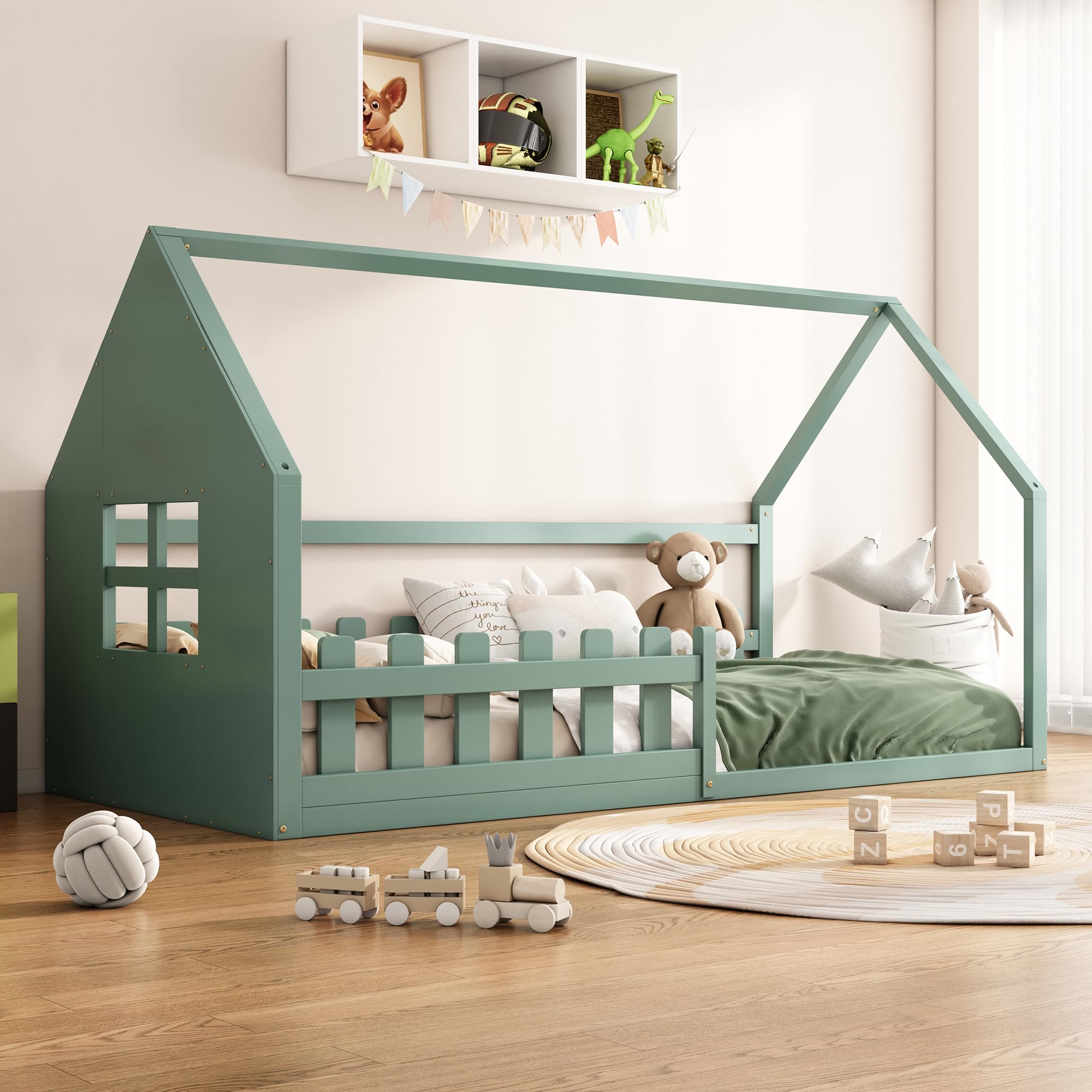 Bodenbett 90x200, Rausfallschutz Bett, Hausbett, Kinderbett 90x200 bodentief für Jungen & Mädchen, Kinder Bett aus Kiefer Holz, Bett mit Lattenrost, Babybett, Kleinkindbett (Grün)
