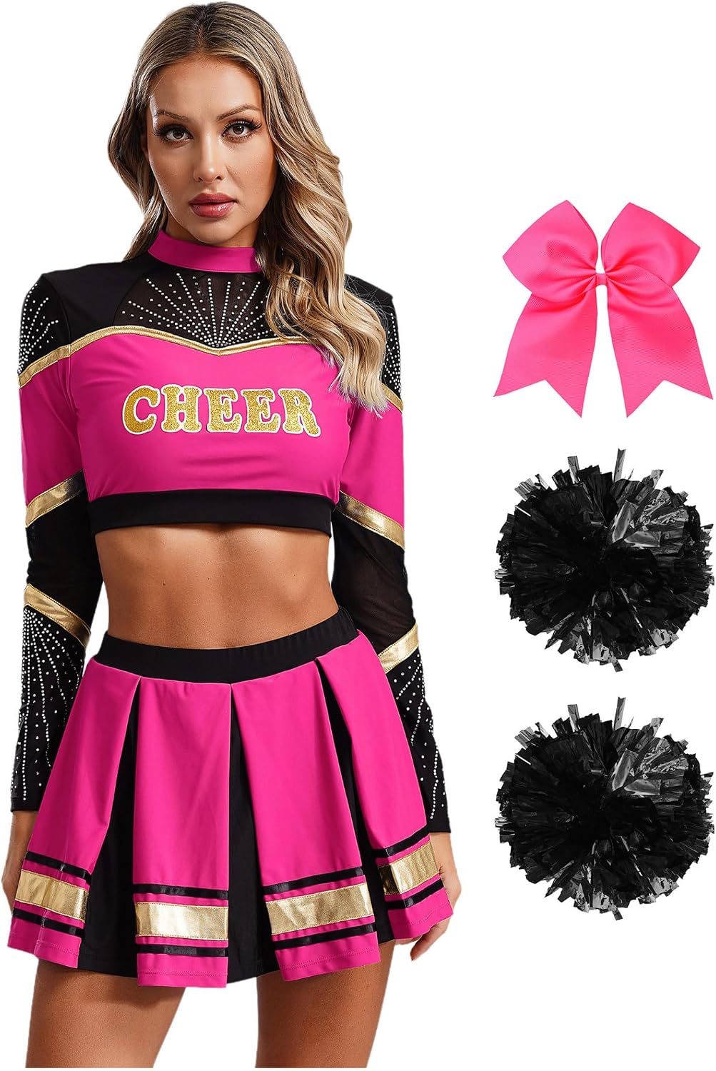Women Cheerleading Dance Outfit Cheer Leader Uniform with Headband Flower Balls Stockings