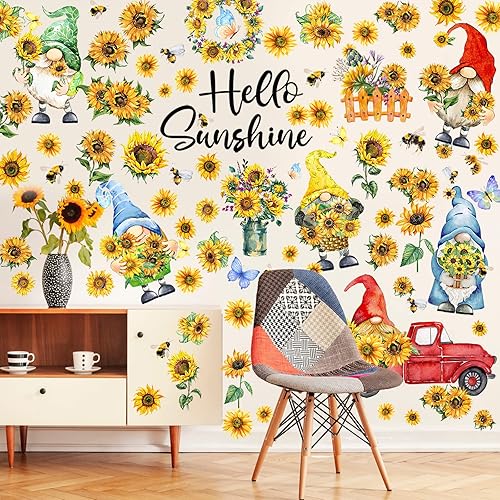 Miniatura 6 de Capoda 122 piezas de 6 hojas de calcomanías de pared de verano, calcomanías de pared de gnomo girasol, decoración de camión de gnomo, decoración de