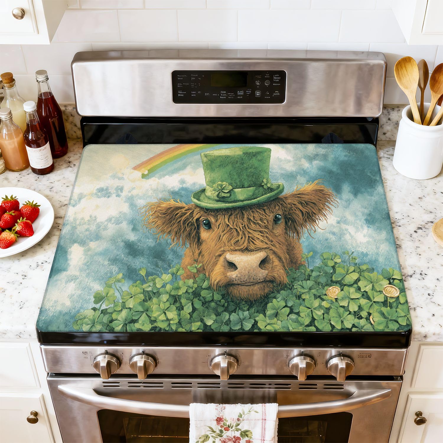 Stove Top Cover for Electric Stove Charming Highland Cow Clover Rainbow Soft Watercolor Heat Resistant Glass Cooktop Protector Flat Top Oven Cover Mat Prevent Scratching 28" x 20"
