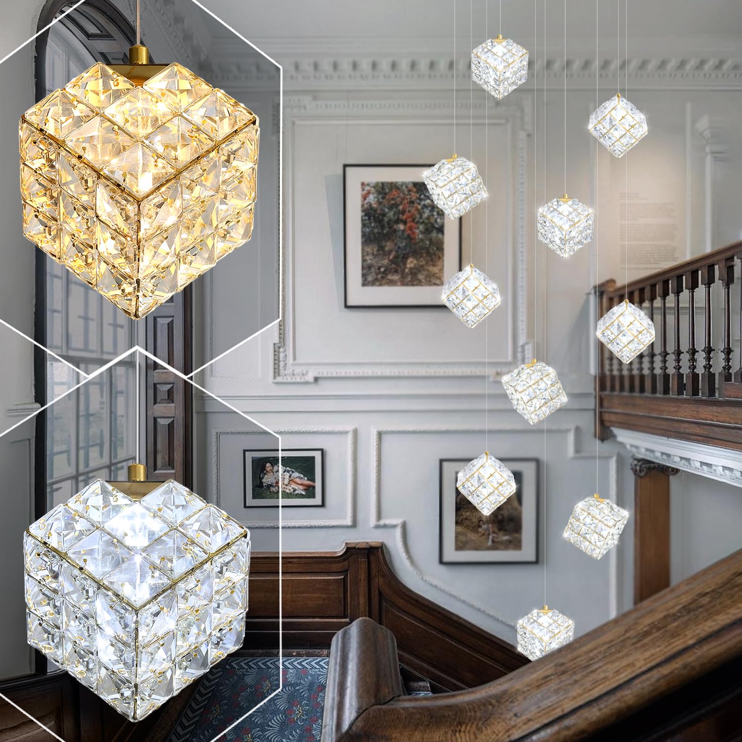 PCXEHUYP Modern Celing Light 10-Lights LED Staircase Chandelier Foyer Crystal Chandeliers Large Gold for High Ceilings,Crystal Pendant Living Room Stairwell Dining Entryway