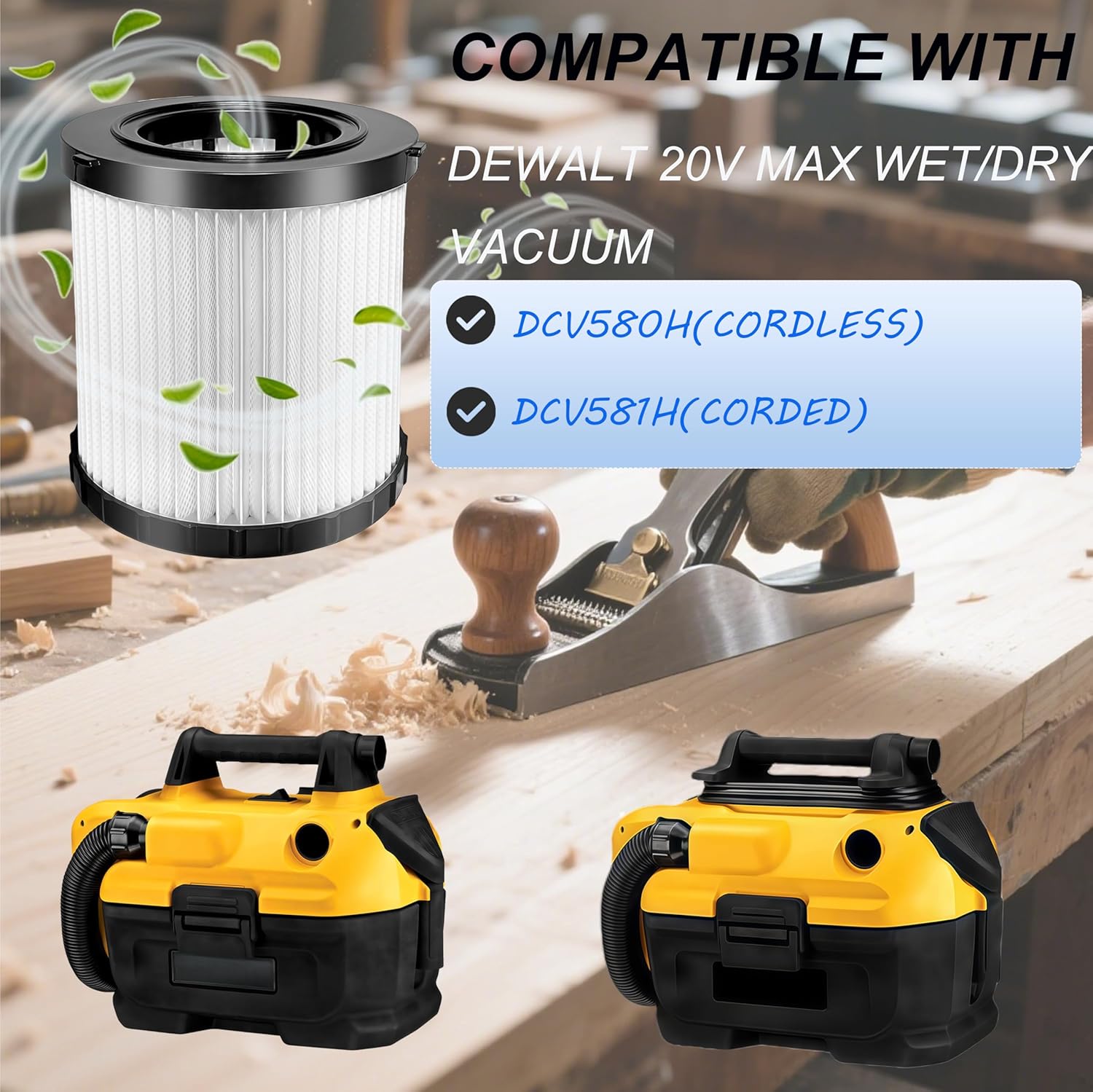 2 Packs DCV5801H Replacement Filter Compatible with DEWALT DCV580/DCV581H 20V MAX Wet Dry Vacuum Cleaner,Updated 4 Foam Sleeve Filters & 1 Brush Washable and Reusable