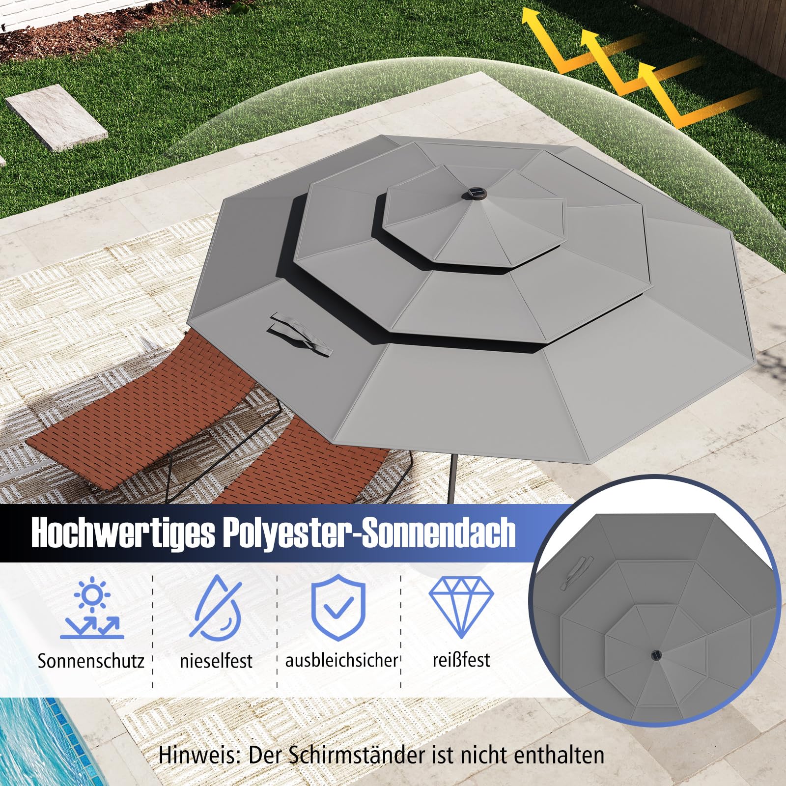 COSTWAY Parasol przeciwsłoneczny z oświetleniem solarnym LED, 300 cm, odporny na wiatr, stabilny, parasol tarasowy z korbą, obustronnie zginany o 35°, parasol balkonowy, do ogrodu, na balkon, antracyt
