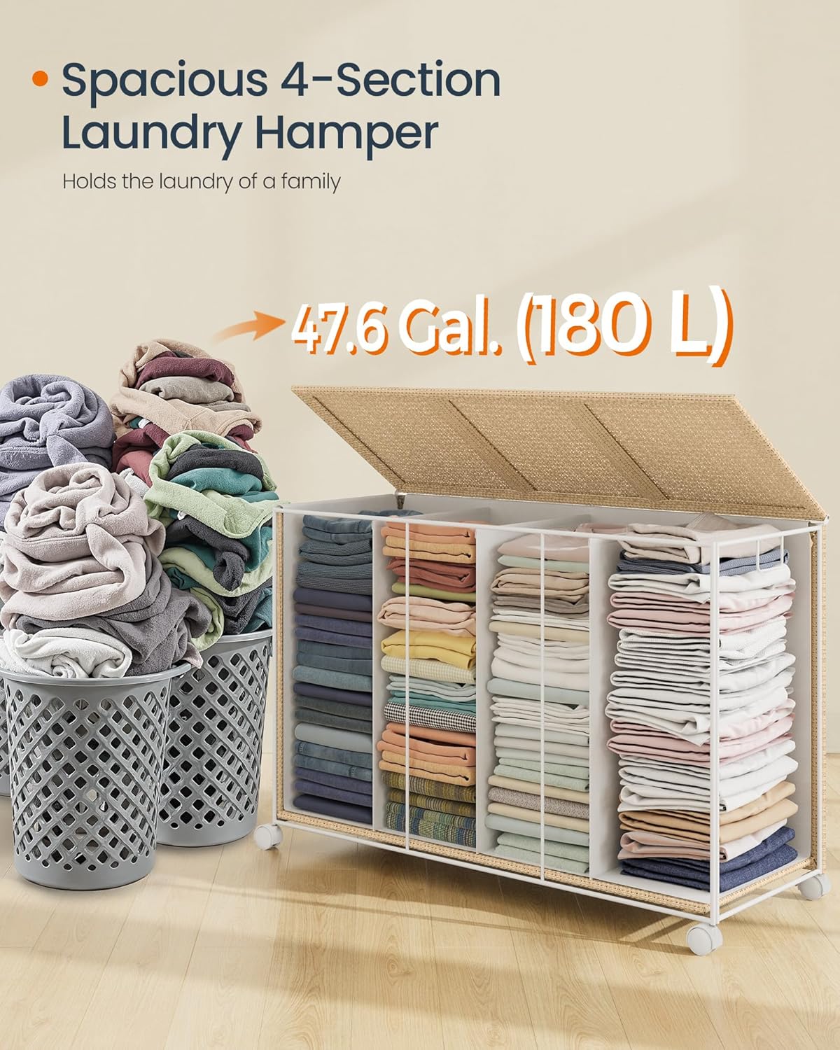 SONGMICS HOME Laundry Hamper with 4 Section, 180 L Large Rolling Laundry Basket with Wheels, Rattan Clothes Basket with Lid, Removable Liner with Handles, Natural Beige and Matte White ULCB603N01