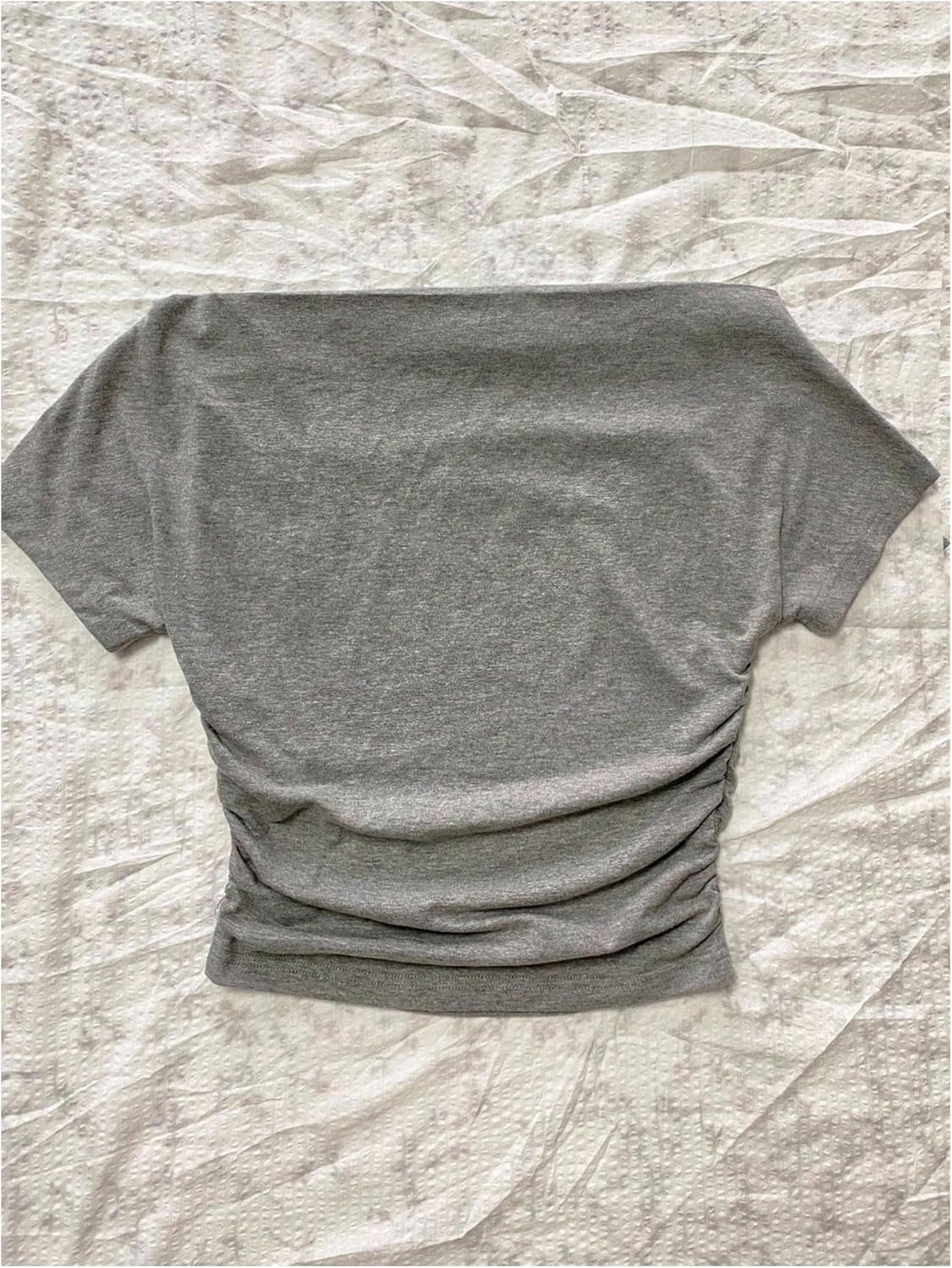 Women's Off The Shoulder Y2K Letter Graphic Tops Short Sleeve Tees Fitted Retro Vintage Summer T Shirts - Image 2