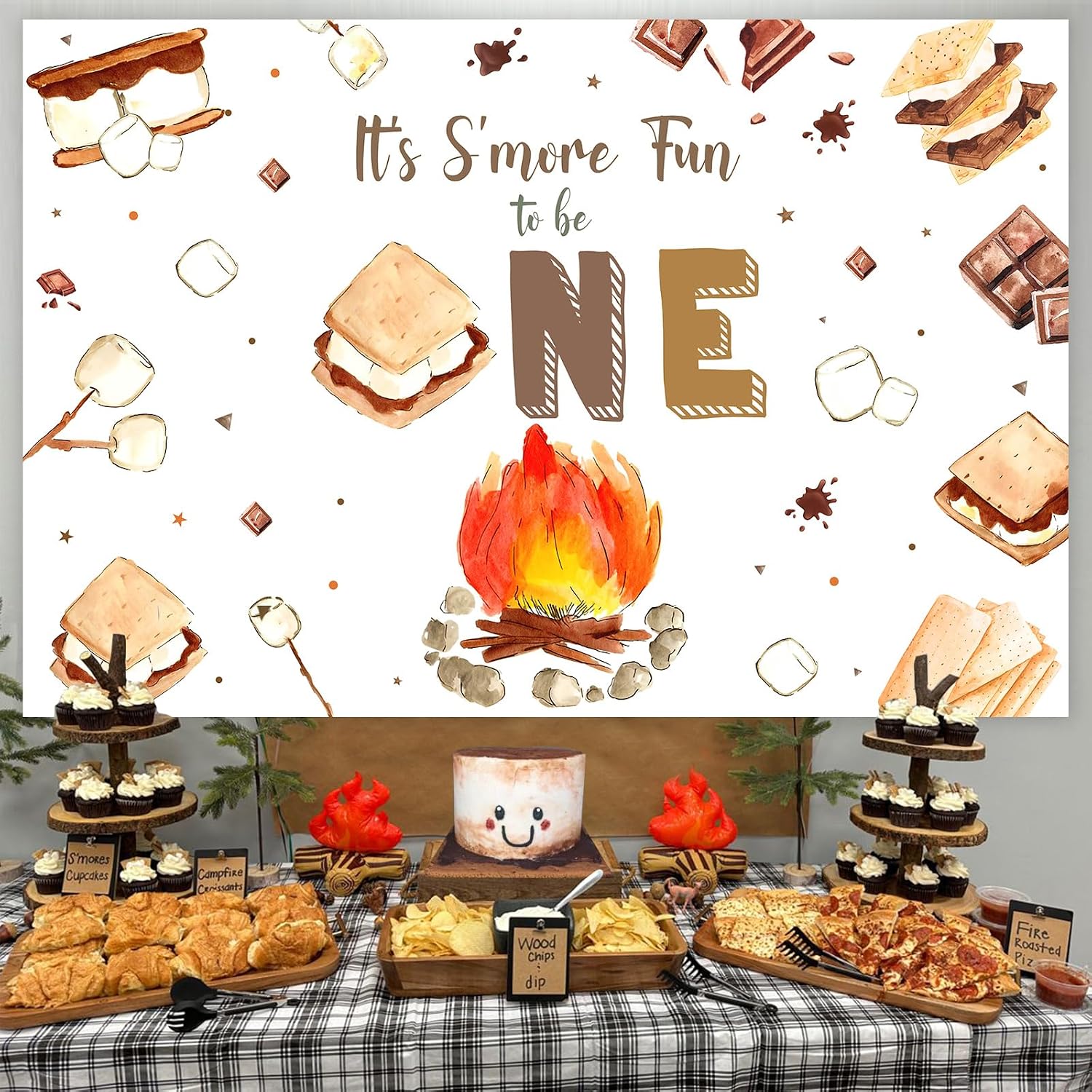 Jollyboom S'mores Birthday Party Decorations, It's More Fun to Be One Backdrop Banner Photography Background for Boys Girls Camping Campfire 1st Birthday Party