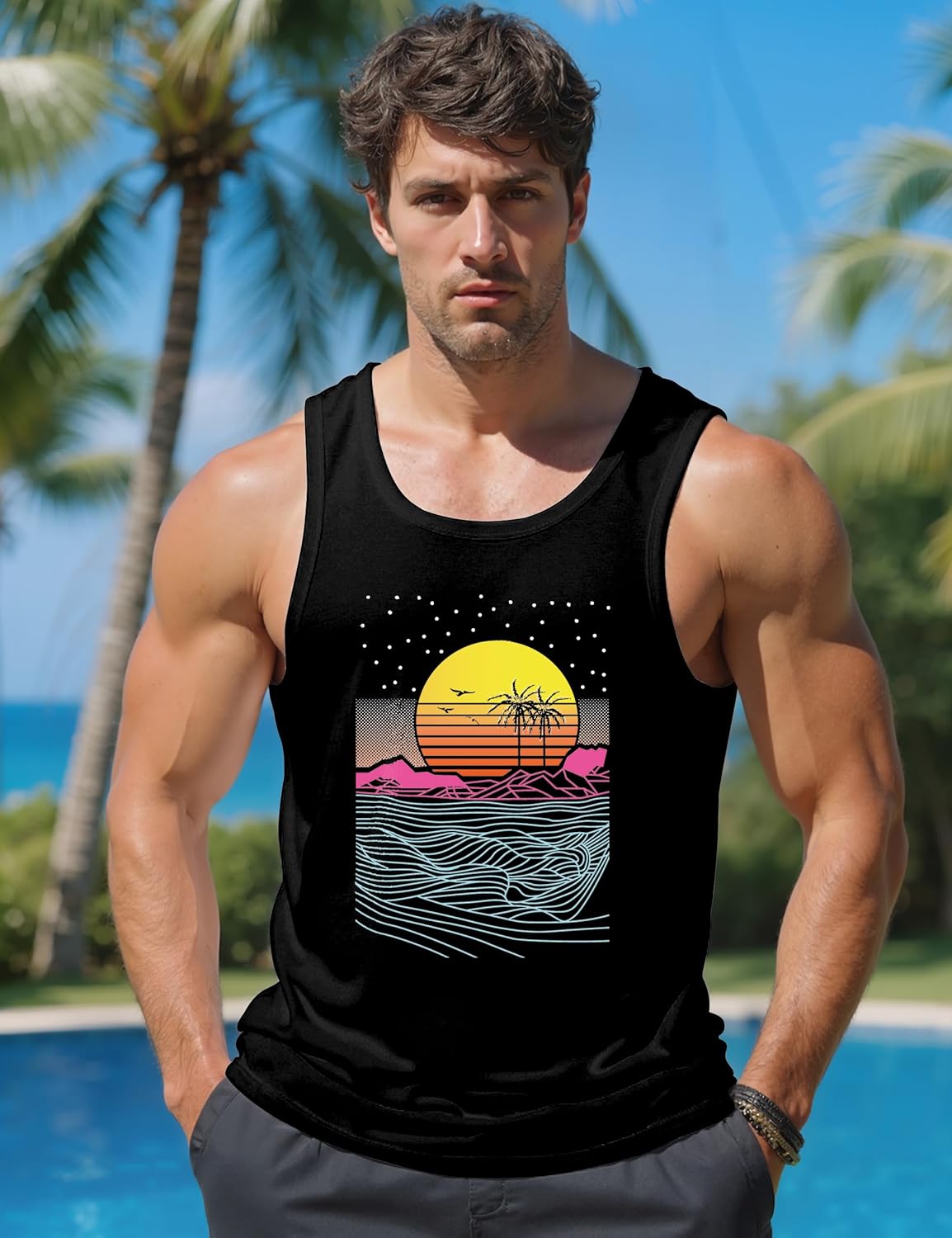 Men Tank Top Beach Summer Hawaii Vacation Plam Tree Graphic Workout Muscle Sleeveless Shirts for Men - Image 5