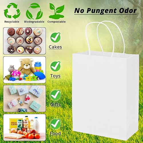 Miniatura 4 de Paquete de 100 bolsas pequeñas de regalo blancas de 5.9 x 3.15 x 8.26 pulgadas, bolsas de papel kraft con asas a granel para regalos de fiesta de